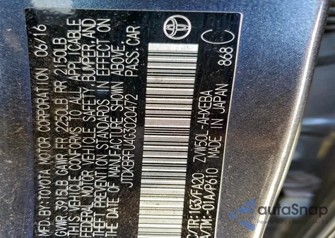 2016 Toyota Prius z USA, uszkodzony, nr VIN JTDKBRFU4G3020472